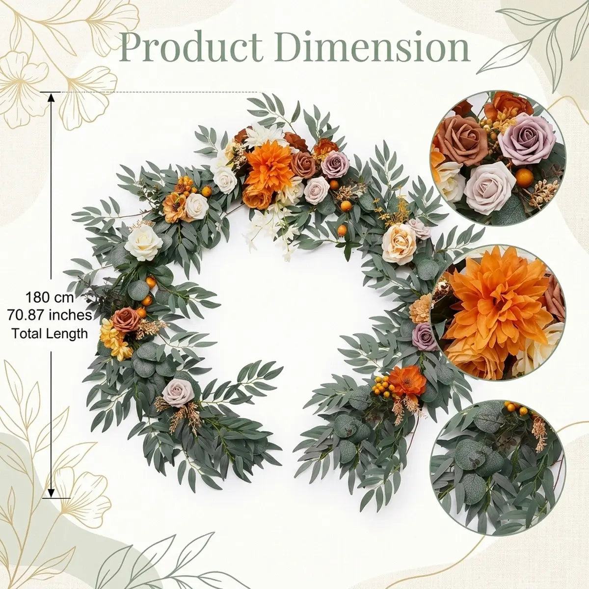 Eucalyptus Willow Leaf Rose Vine Garland Size Chart – 5.9FT Artificial Flower Garland for Wedding and Party Decor
