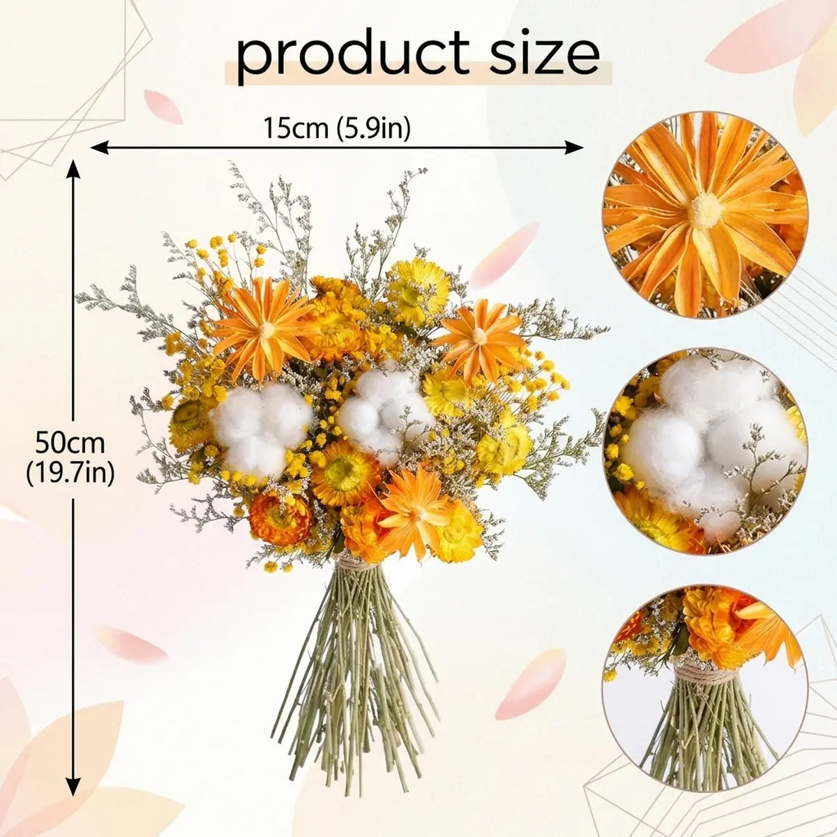 Fall dried flower bouquet size chart, 15cm x 50cm, 5.9in x 19.7in, orange and yellow strawflowers with cotton and lover grass, detail closeups