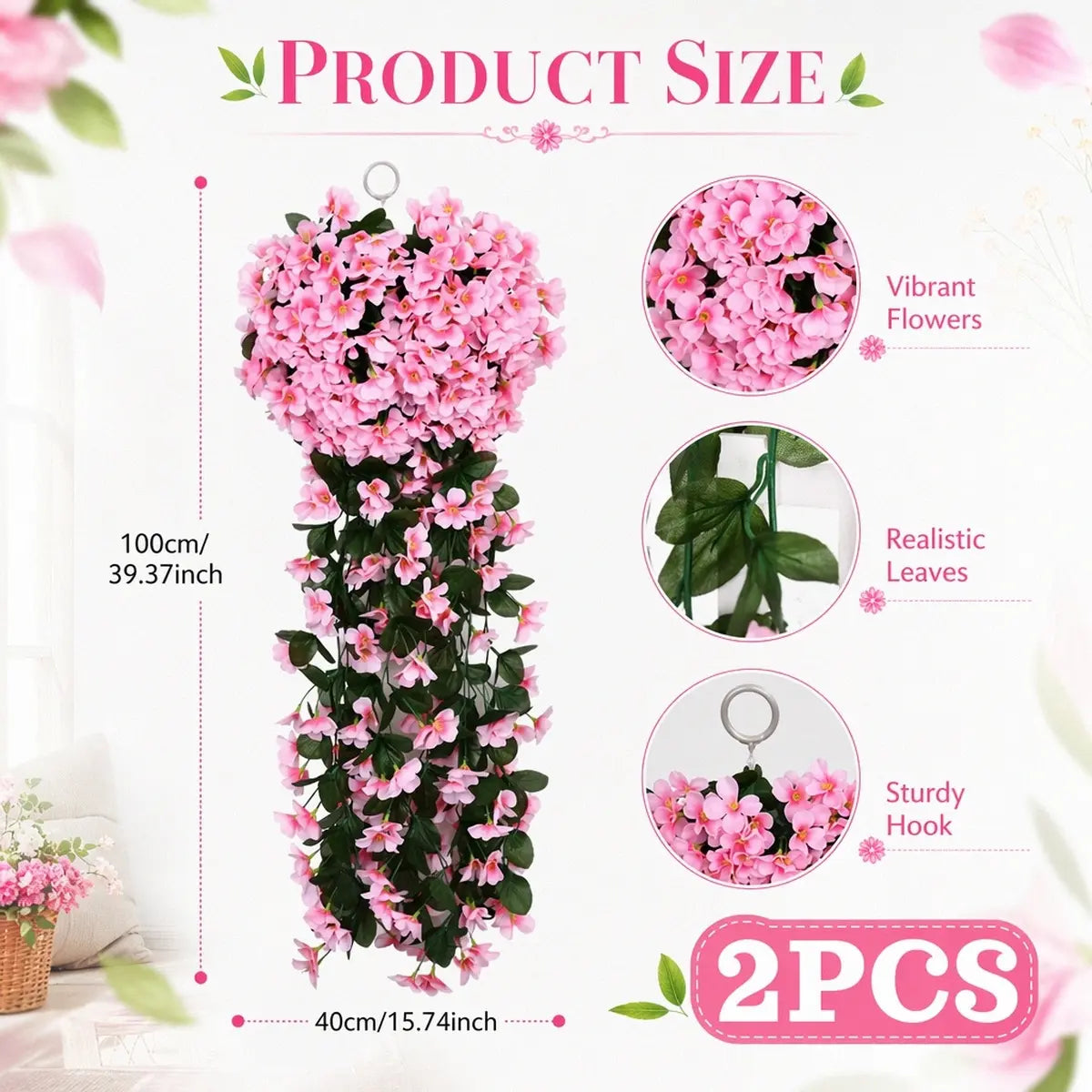 Product size chart: 2pcs artificial pink hanging flower vines 100cm (39.37") tall, 40cm (15.74") wide, vibrant flowers, realistic leaves, sturdy hanging hook