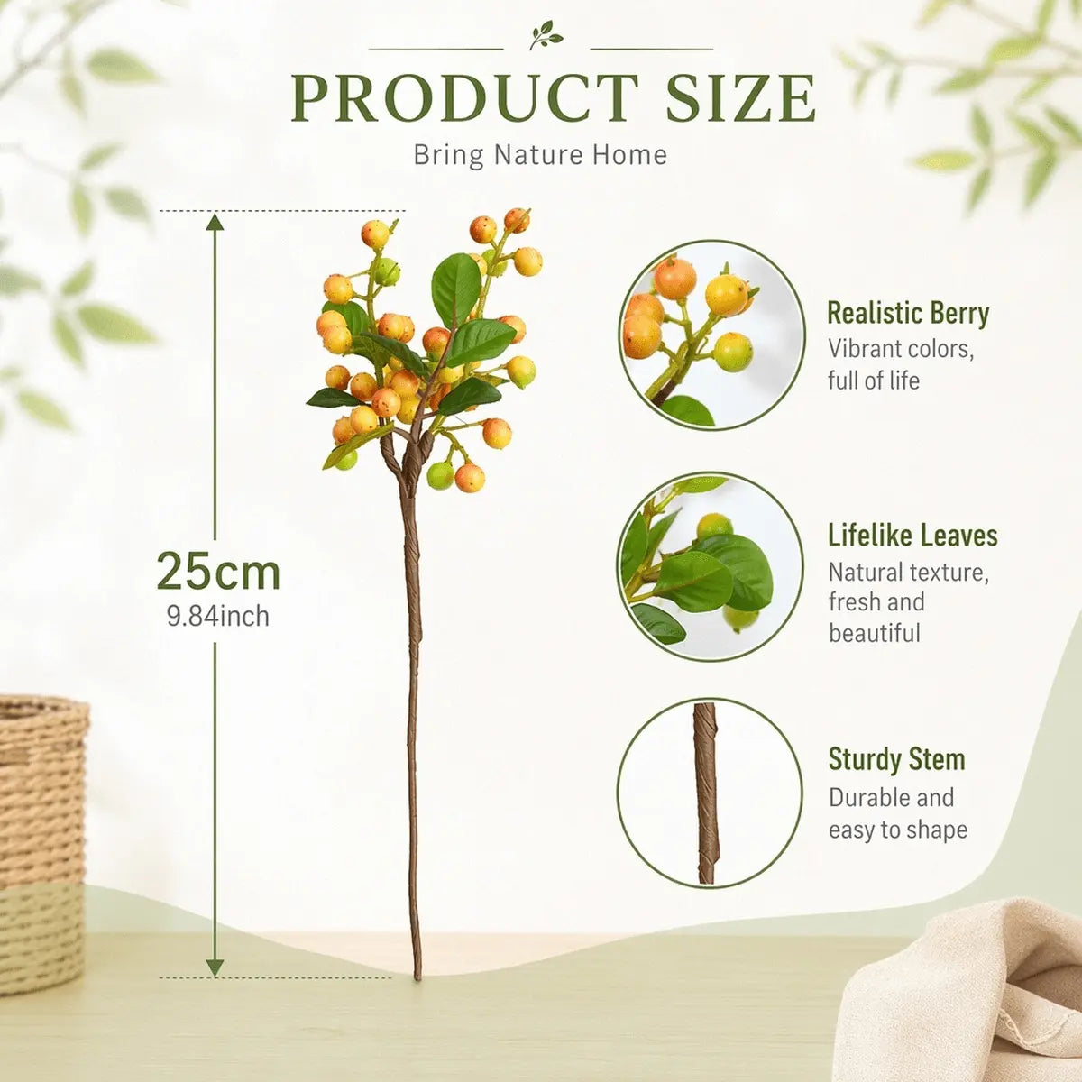 Artificial Berry Stems with Green Leaves | Faux Fruit Branches for Floral Arrangements, Vase Filler & Autumn Decor