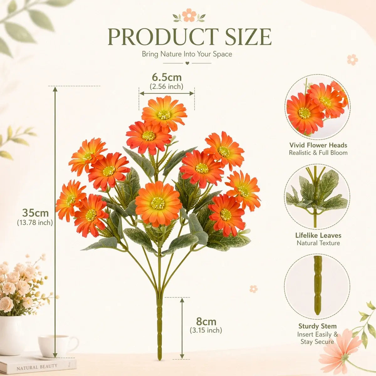 Product size chart for orange gerbera daisy artificial flowers showing 13.78 inch total height and 2.56 inch bloom diameter