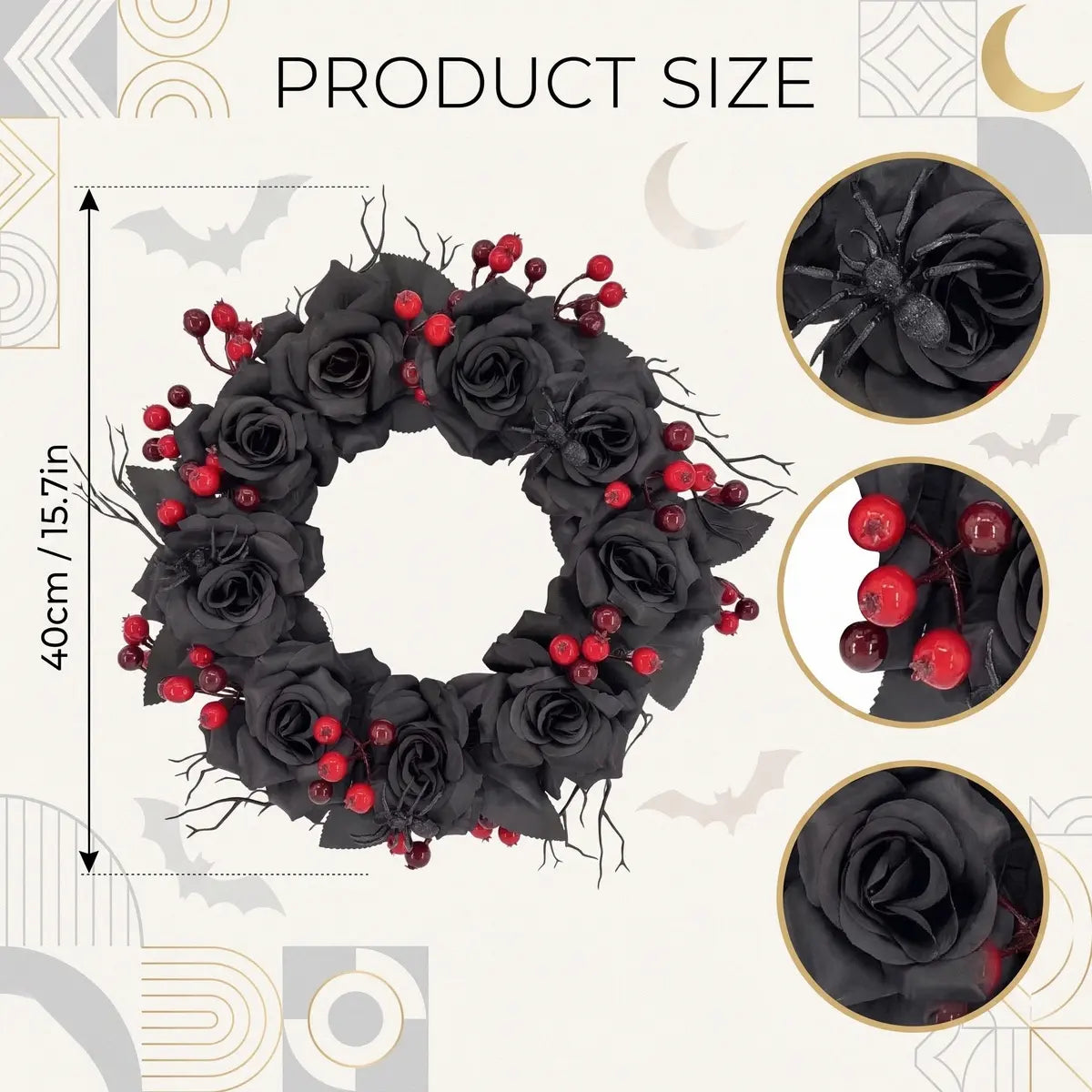 Product size chart for black rose gothic Halloween wreath showing 40cm / 15.7in diameter with detail views of roses and berries
