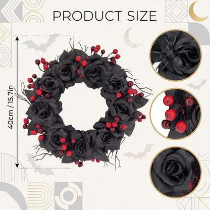 Product size chart for black rose gothic Halloween wreath showing 40cm / 15.7in diameter with detail views of roses and berries
