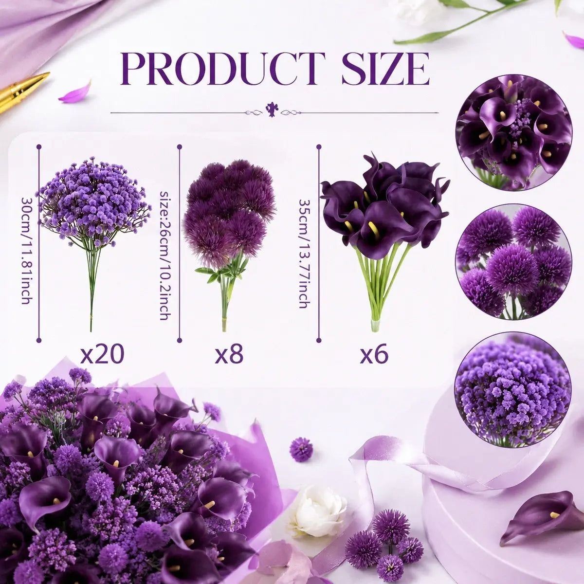 Artificial purple flower stems set of 34 size chart baby's breath 30cm x20 allium 26cm x8 calla lily 35cm x6 – IPOPU
