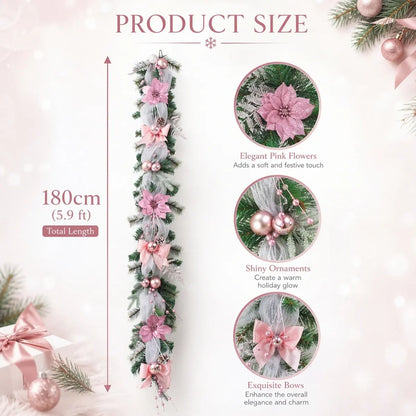 5.9FT pink Christmas garland with poinsettia blooms, mesh bows and pine cones, draped around a large living room window overlooking a snowy winter forest, styled with a cozy armchair, knit throw and lit Christmas tree
