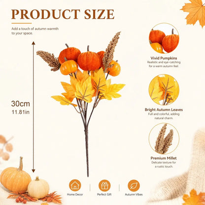Product size chart showing 6PCS artificial autumn stem picks measuring 30cm (11.81in) tall with closeup details of vivid orange pumpkins, bright yellow autumn maple leaves, and premium brown millet sprays, suitable for home decor, gifting, and autumn vibe styling