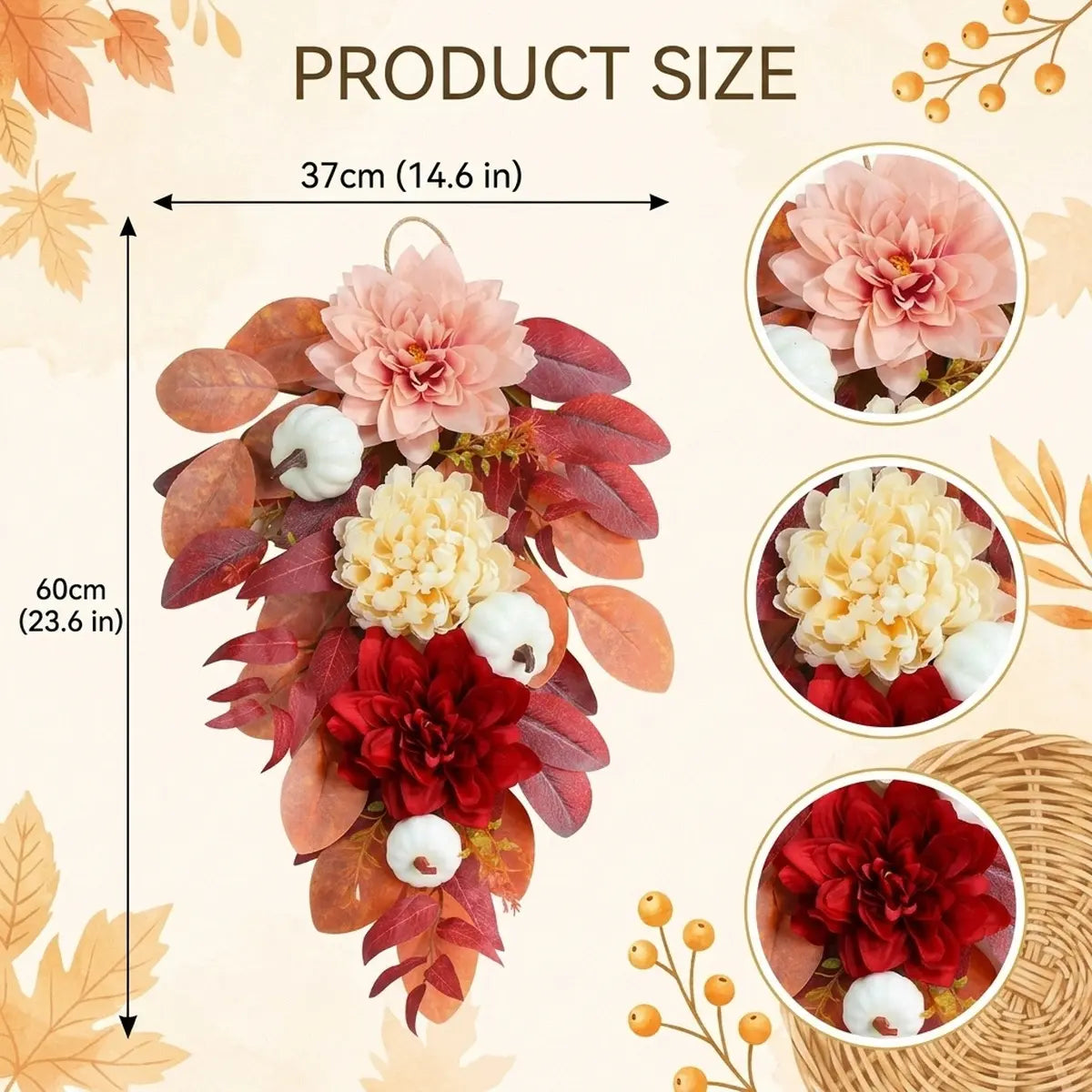 Product size chart for harvest teardrop swag showing dimensions with detail views of white pumpkins, roses and chrysanthemums
