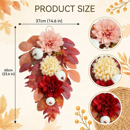 Product size chart for harvest teardrop swag showing dimensions with detail views of white pumpkins, roses and chrysanthemums
