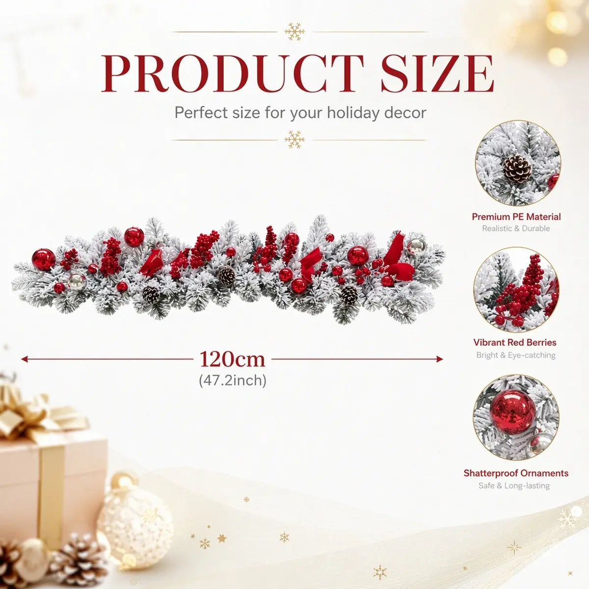 Christmas Swag Garland Size Chart – 47.24 Inch Artificial Holiday Garland with Pine Cones and Red Berries

