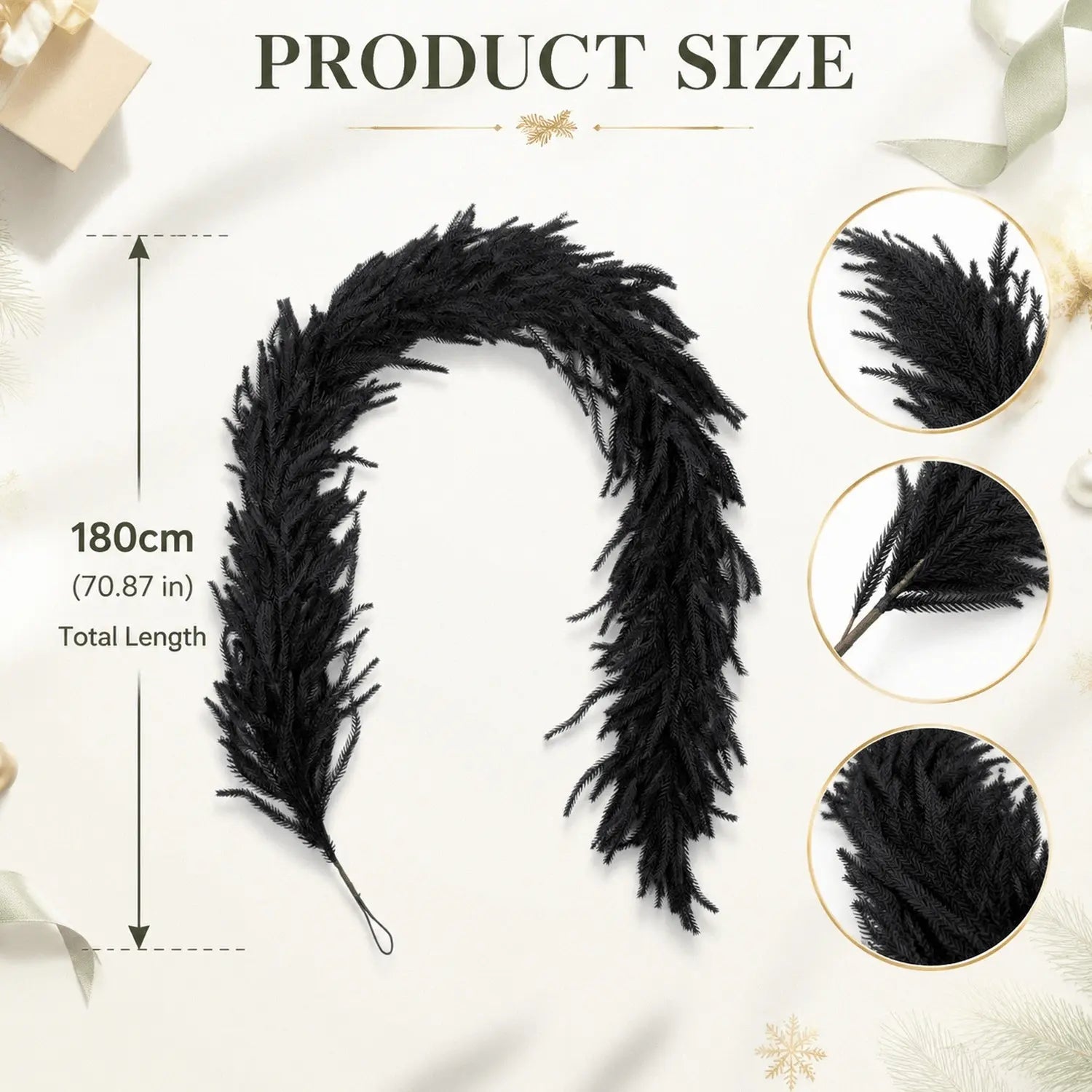 6ft black faux Norfolk pine garland product size chart showing 180cm total length with close-up details of matte black pine branch texture and wire-core stem
