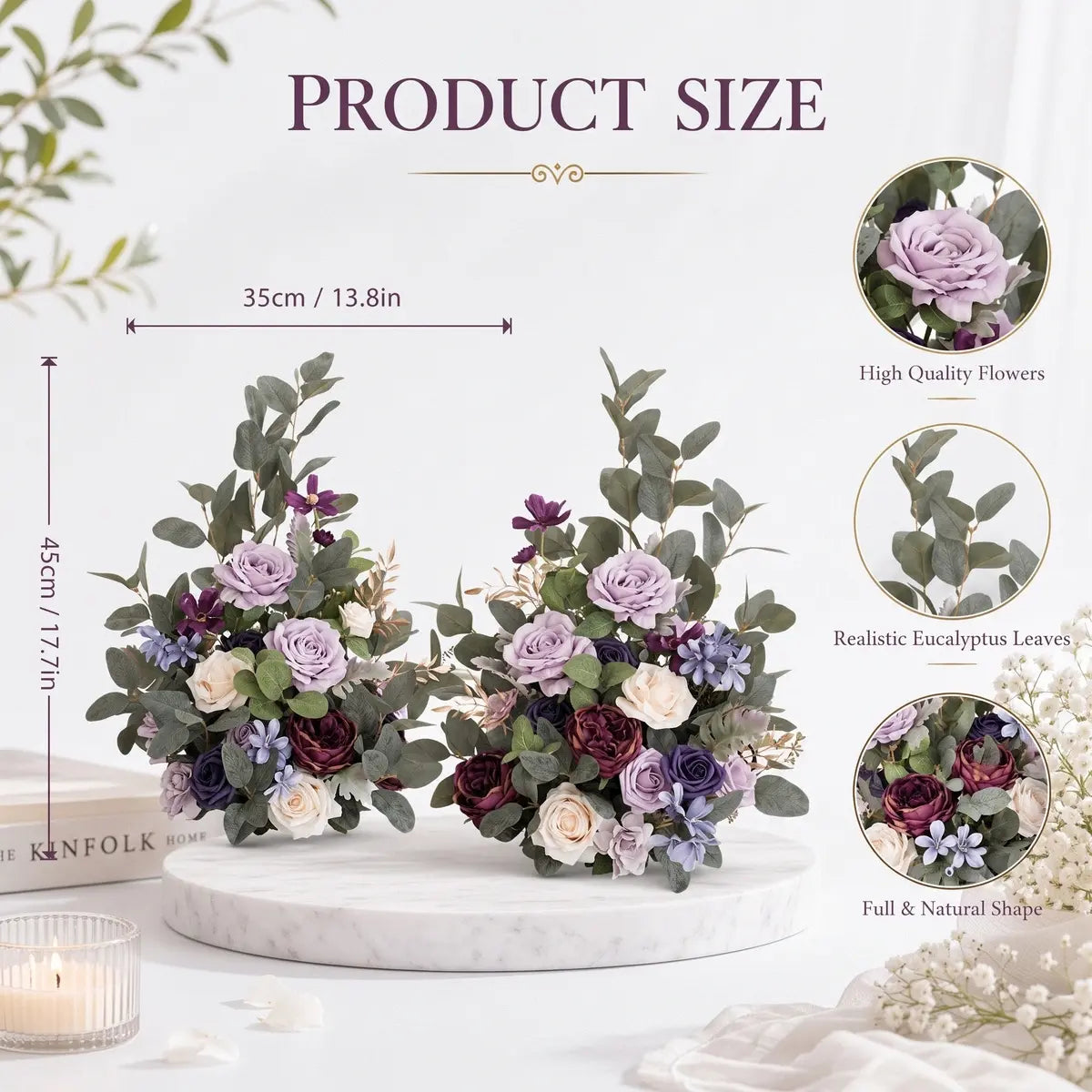 Artificial purple lavender rose centerpiece size chart set of 2 each 35cm wide 45cm tall with eucalyptus branches – IPOPU
