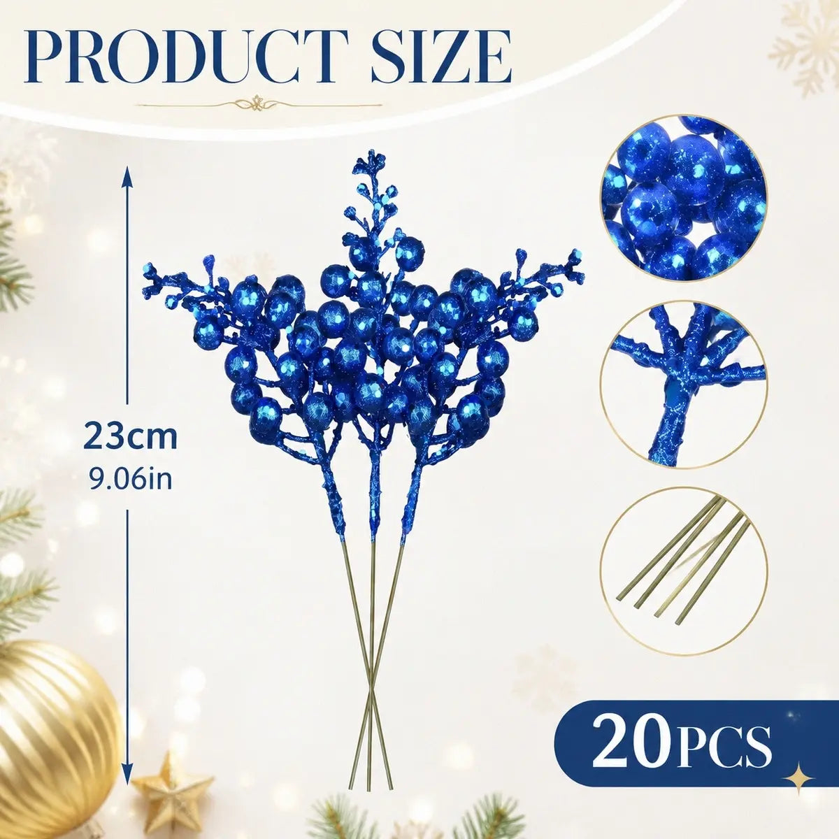 Glitter blue artificial berry stem product size chart showing 23cm (9.05 inch) length, with close-up detail of shiny royal blue glitter berry clusters and flexible wire-wrapped green stem, alongside a full stem product flat lay