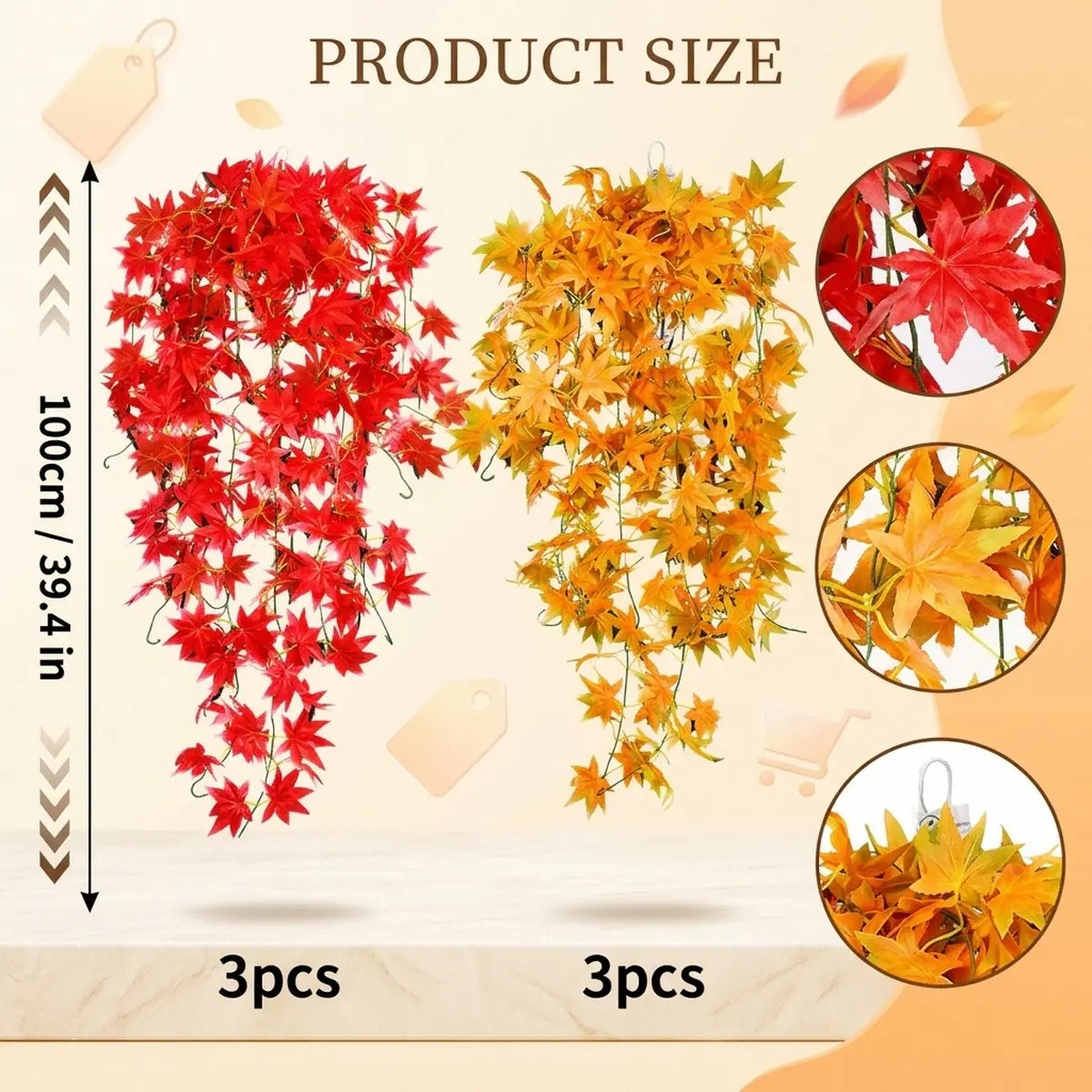 Artificial maple leaf garland size chart, 100cm 39.4 inches, 3 red and 3 yellow per set, leaf texture and hook detail closeups