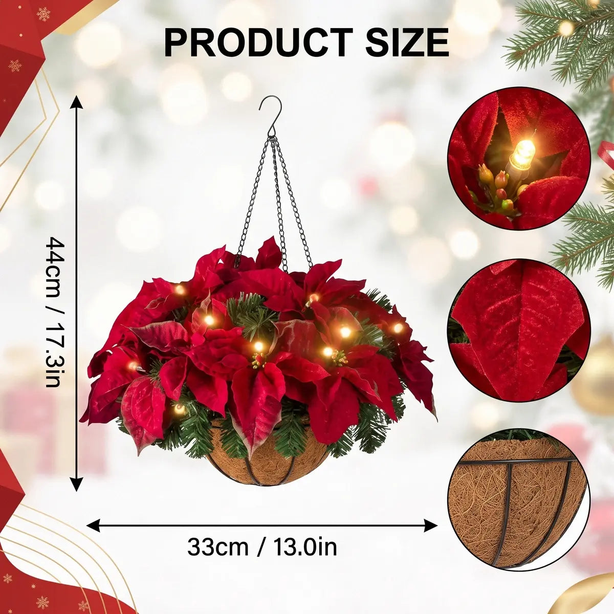 Pre-Lit Christmas Poinsettia Hanging Basket Size Chart – Artificial Floral Arrangement with LED Lights
