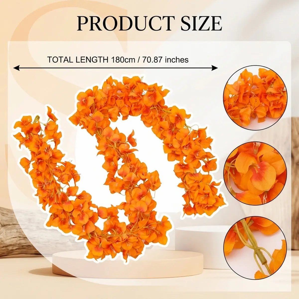 Orange artificial bougainvillea garland size chart, total length 180cm 70.87 inches, with flower petal and stem detail closeups
