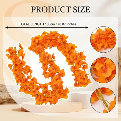 Orange artificial bougainvillea garland size chart, total length 180cm 70.87 inches, with flower petal and stem detail closeups
