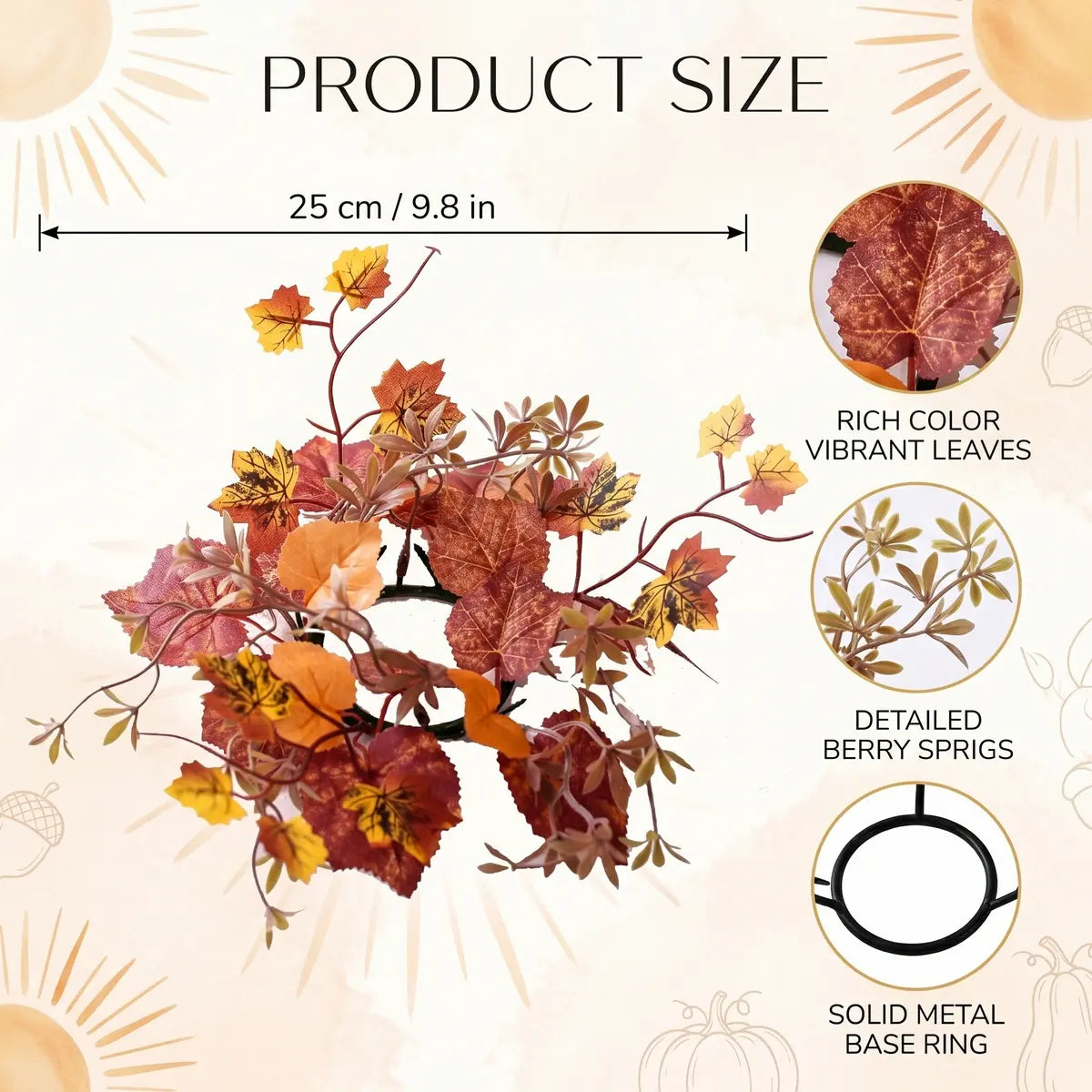 Product size chart for fall maple leaf candle ring wreath showing 9.8 inch dimensions with red orange and yellow leaf design details