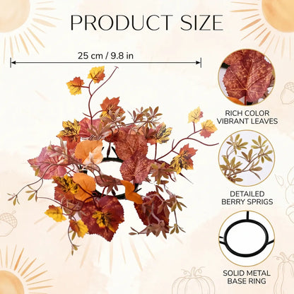Product size chart for fall maple leaf candle ring wreath showing 9.8 inch dimensions with red orange and yellow leaf design details