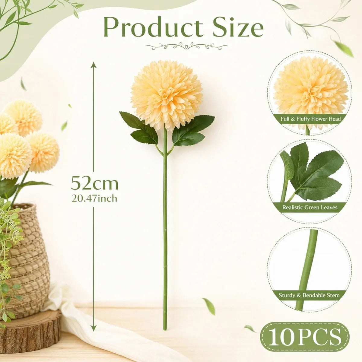 Product size chart: yellow ball chrysanthemum artificial flower stem 52cm (20.47"), full fluffy flower head, realistic green leaves, bendable stem, 10pcs pack