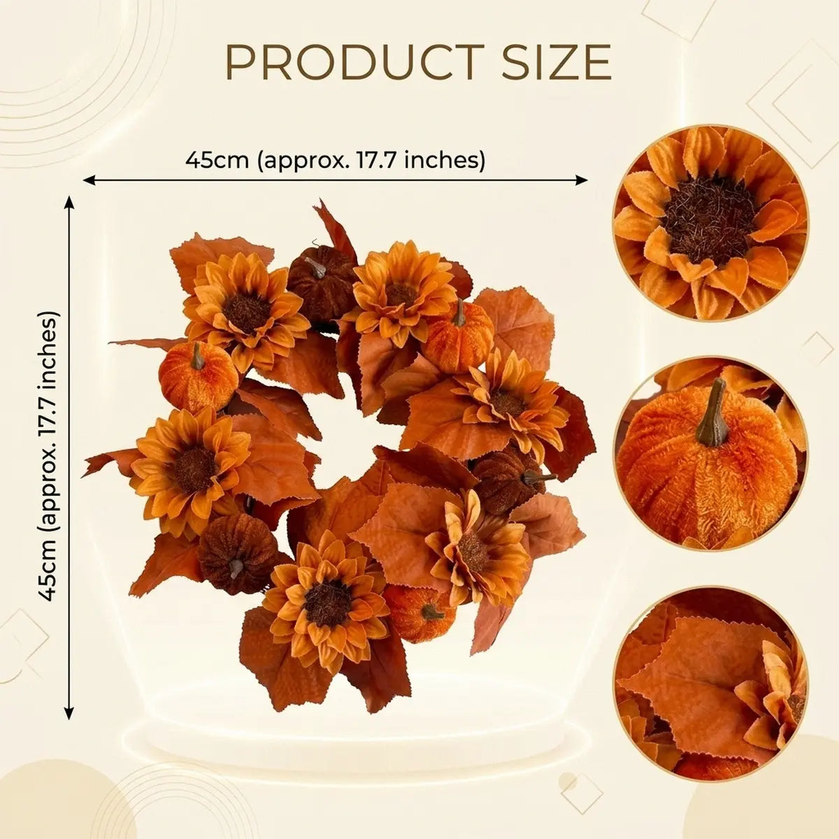 Product size chart for sunflower fall wreath showing 45cm / 17.7in diameter with detail views of sunflowers and pumpkins

