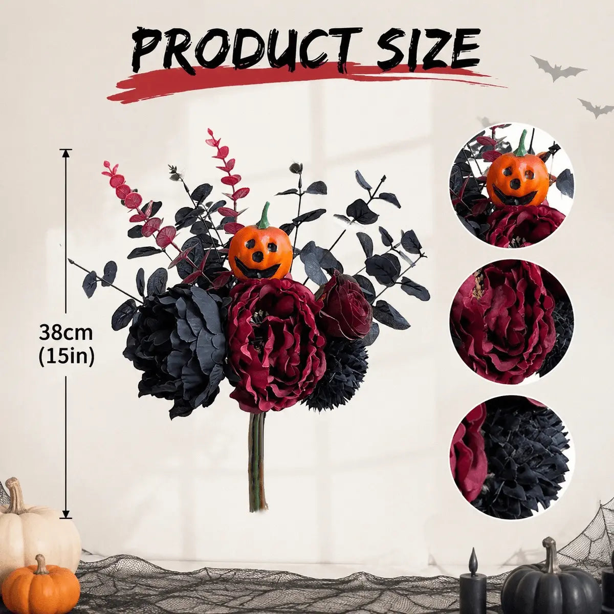 Product size chart showing 38cm height with close-up details of pumpkin pick, burgundy peony, and black dahlia