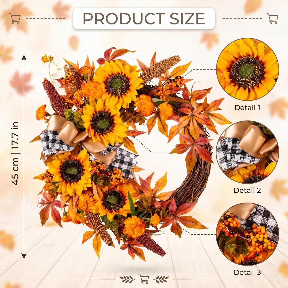 Product size chart for sunflower Thanksgiving wreath showing 45cm / 17.7in diameter with detail views of sunflowers and autumn foliage
