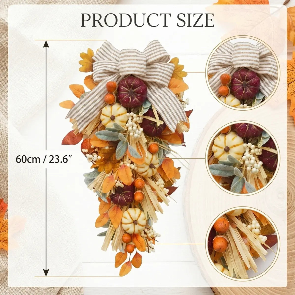 Person arranging a fall teardrop swag with white pumpkins, eucalyptus and autumn leaves for Thanksgiving table decor
