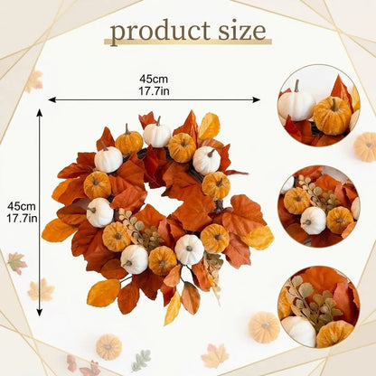Product size chart for fall wreath showing 45cm / 17.7in diameter with detail views of pumpkins and autumn foliage
