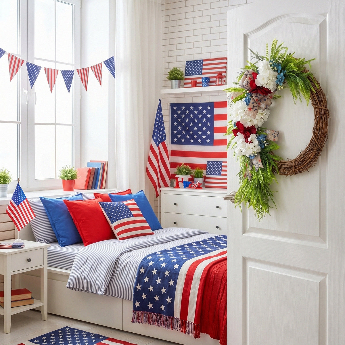 Patriotic Red White and Blue Wreath Fourth of July Front Door Decor Americana Stars Burlap Bow Summer Floral Wreath for Home Wall Party