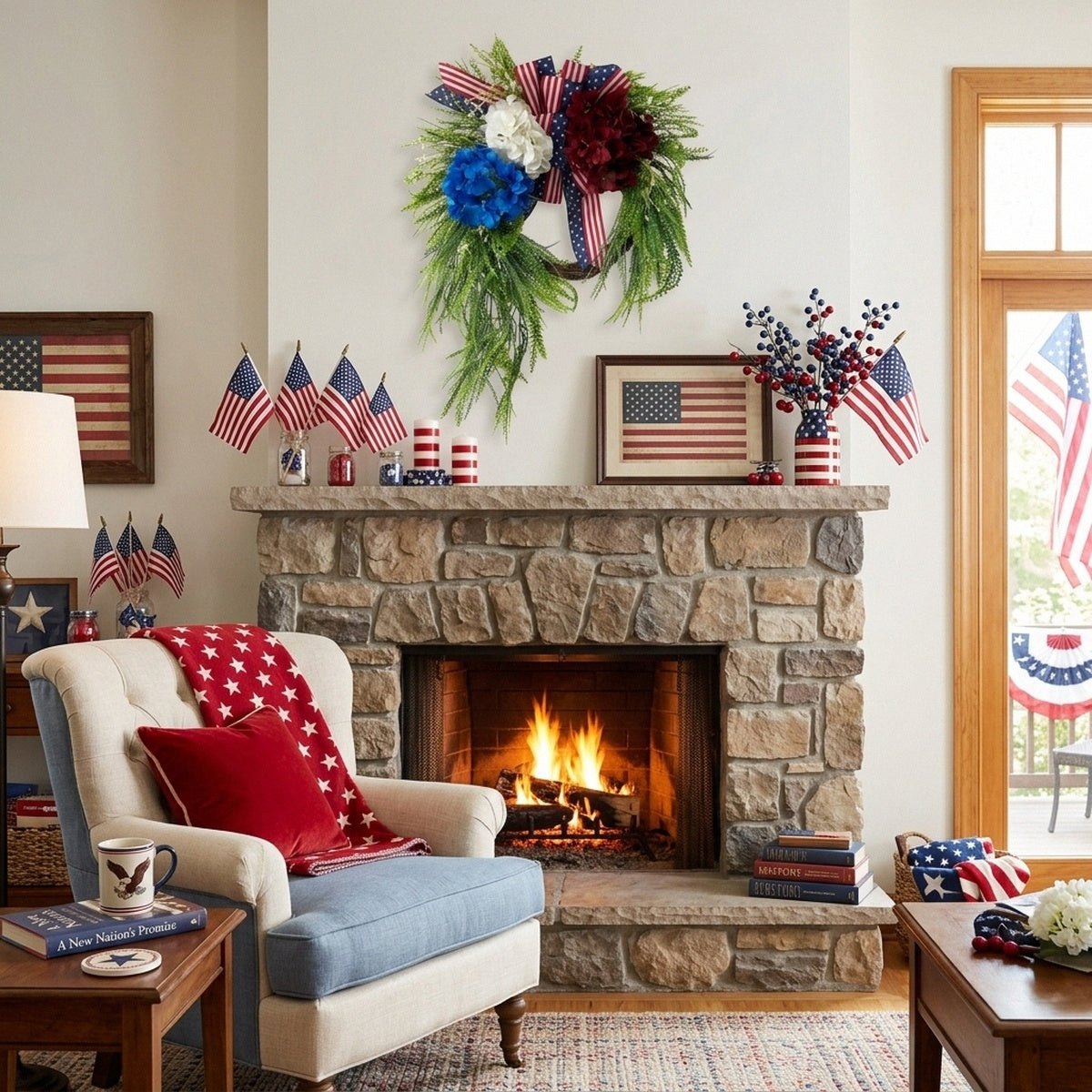 Patriotic Wreath with Red White Blue Hydrangea & Flag Bow | 4th of July Front Door Decor for Summer Holiday Home Porch & Wall Art