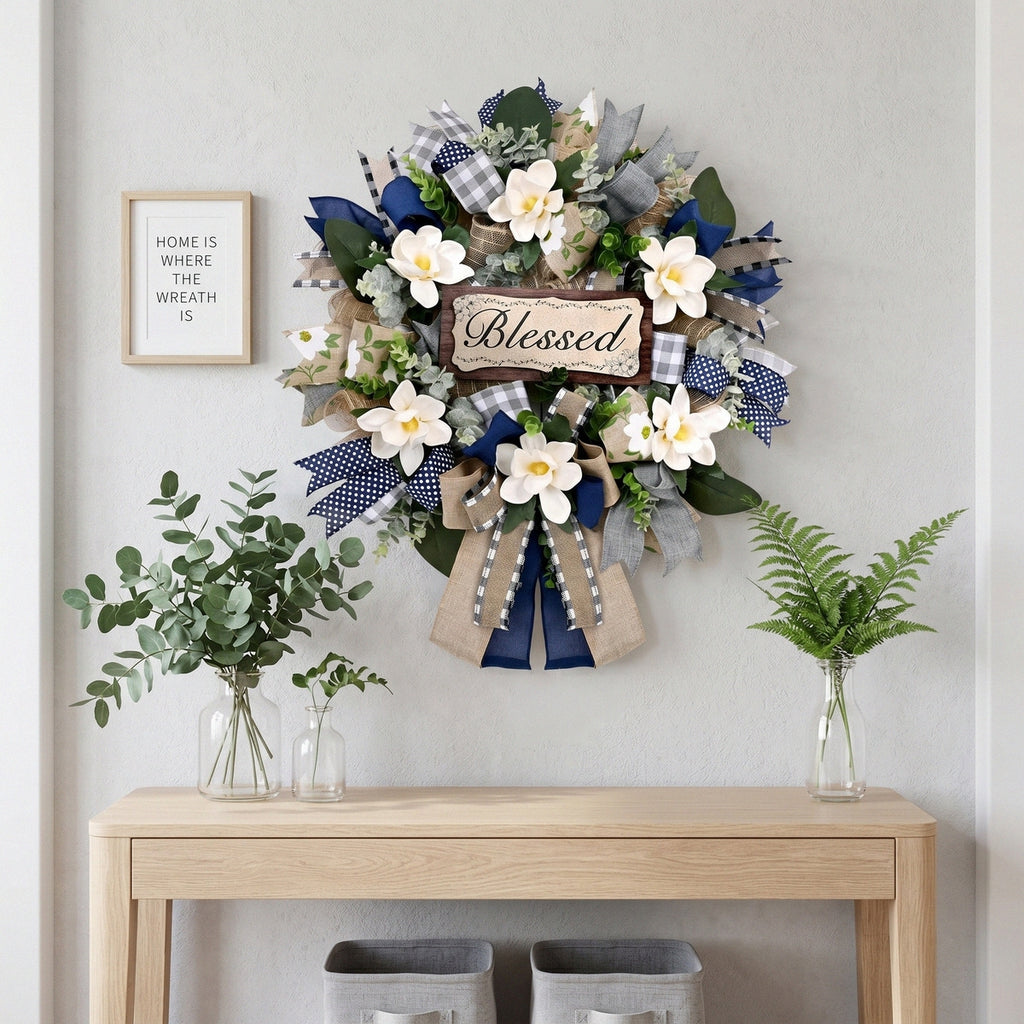 Farmhouse Blessed Wreath for Front Door | Wooden Sign Navy Blue Burlap Ribbon & White Flower Wreath for Home Wall Porch & Entryway Decor