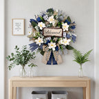 Farmhouse Blessed Wreath for Front Door | Wooden Sign Navy Blue Burlap Ribbon & White Flower Wreath for Home Wall Porch & Entryway Decor