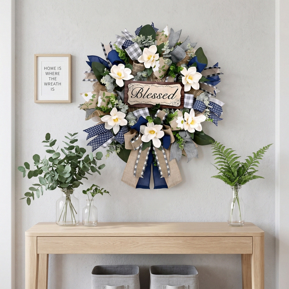 Farmhouse Blessed Wreath for Front Door | Wooden Sign Navy Blue Burlap Ribbon & White Flower Wreath for Home Wall Porch & Entryway Decor