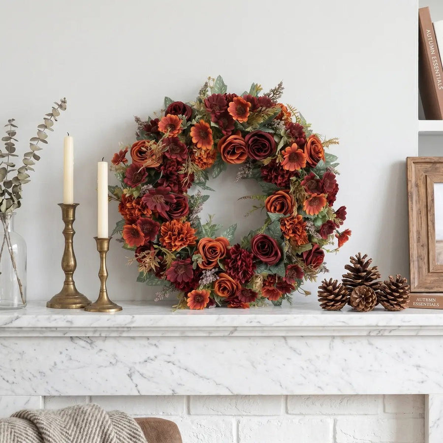 Dark Red Rose Pinecone Wreath with Greenery
