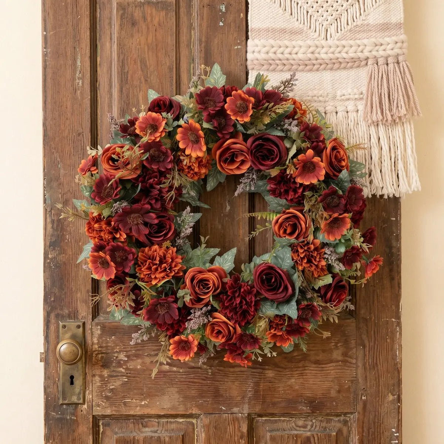 Dark Red Rose Pinecone Wreath with Greenery
