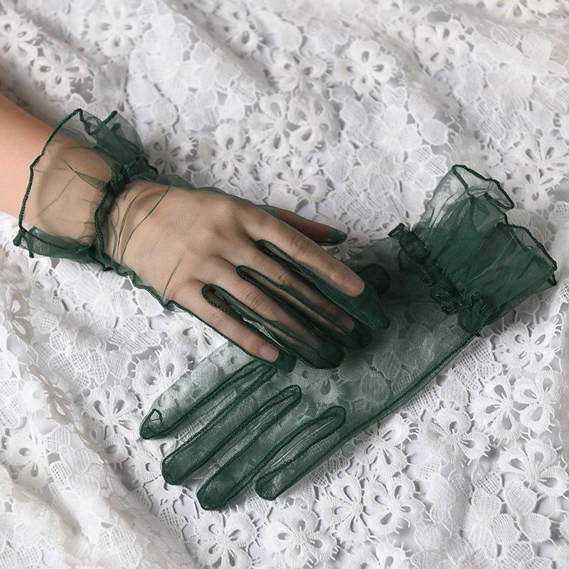 Dark green ruffled tulle short gloves for party and evening occasions
