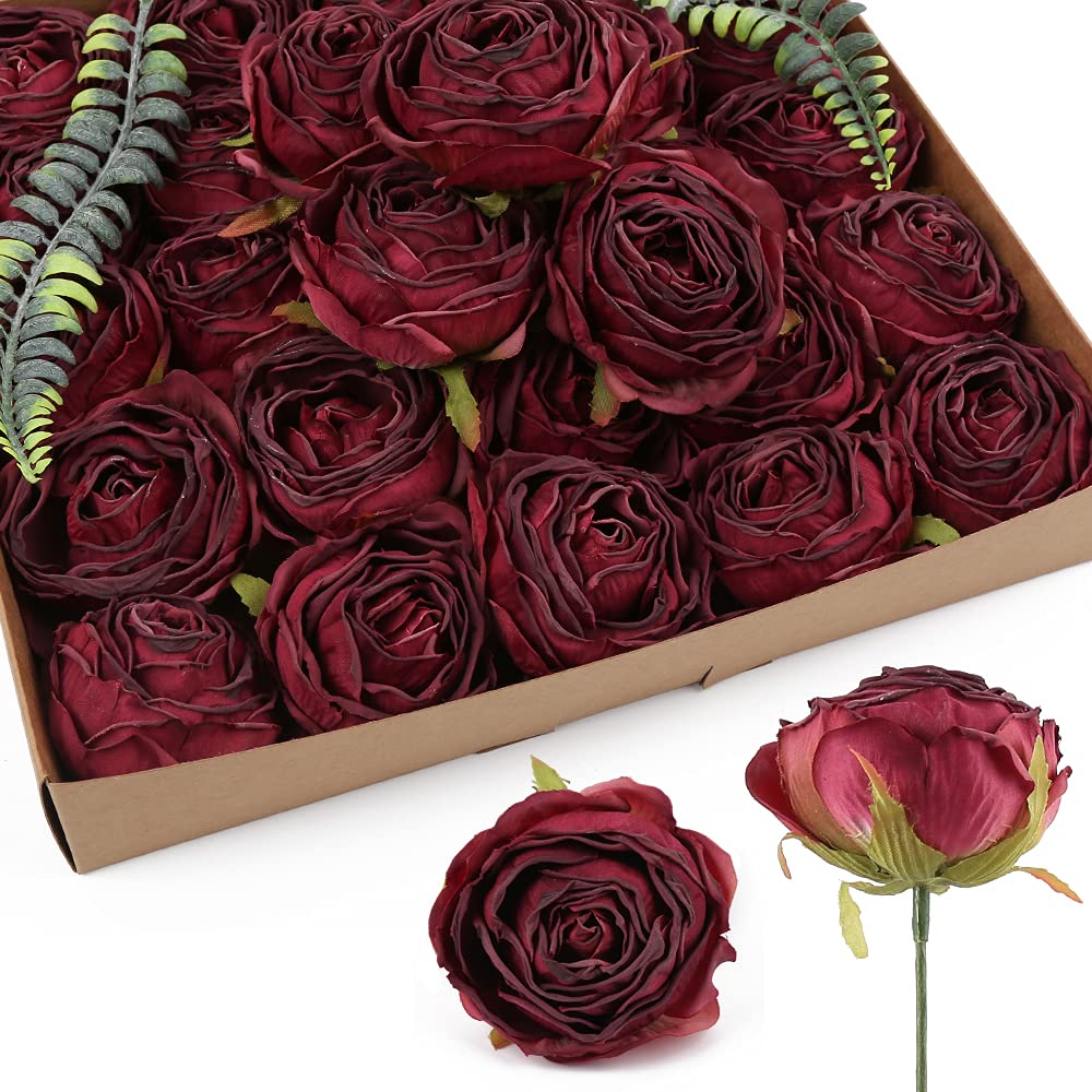 Dark red artificial rose heads 20pcs bulk for wedding centerpiece home decor DIY crafts