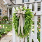 Artificial Fern Wreath with Striped Bow Green Foliage Door Wreath for Front Porch Home Wall Summer Spring Decor