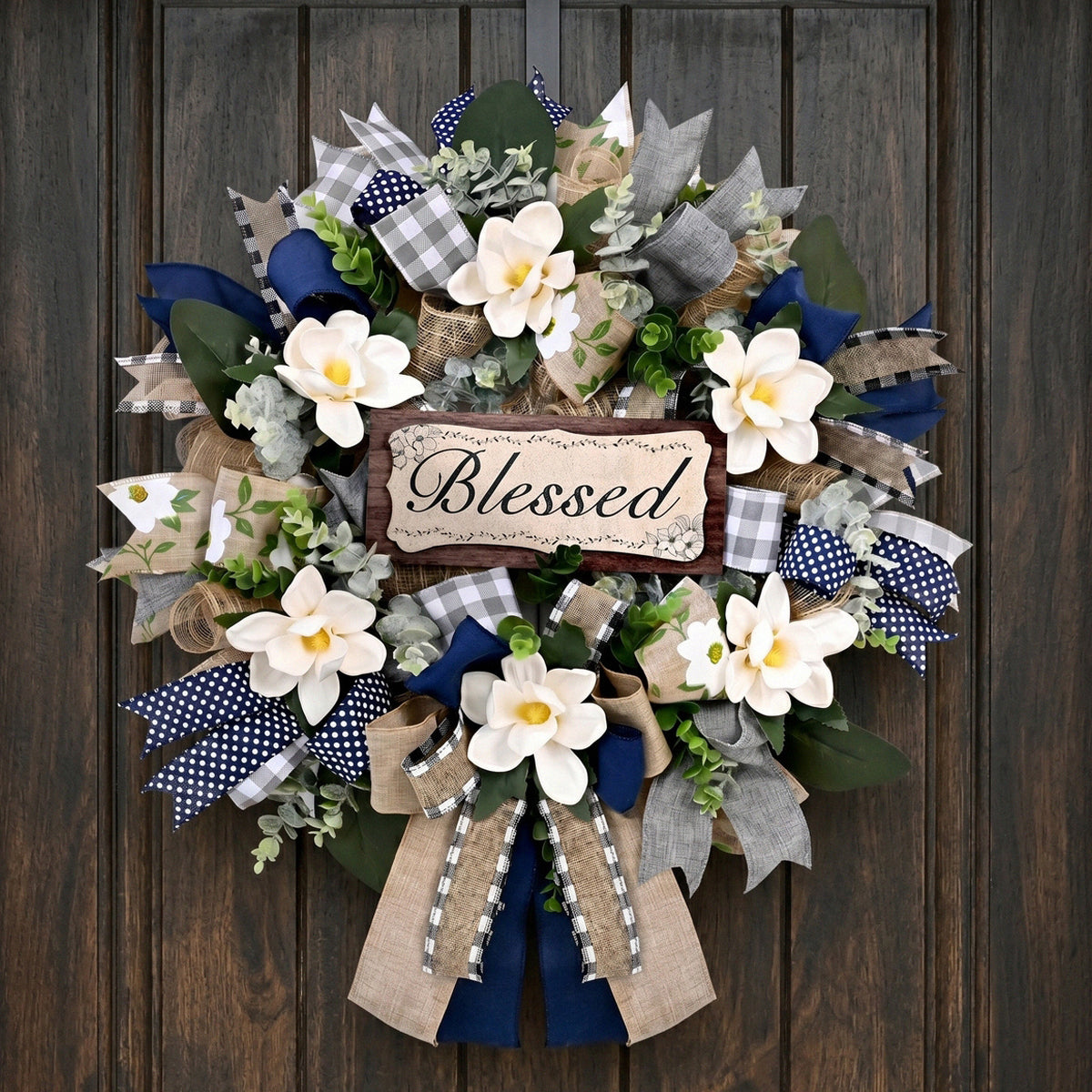Farmhouse Blessed Wreath for Front Door | Wooden Sign Navy Blue Burlap Ribbon & White Flower Wreath for Home Wall Porch & Entryway Decor