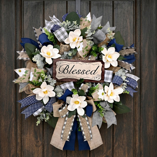 Farmhouse Blessed Wreath for Front Door | Wooden Sign Navy Blue Burlap Ribbon & White Flower Wreath for Home Wall Porch & Entryway Decor