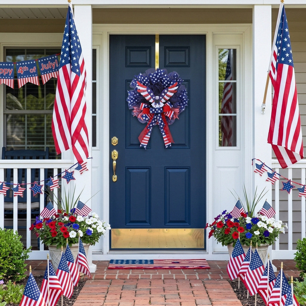 American Patriotic Eagle Wreath with Flag Bow & Deco Mesh | 4th of July Front Door Decor for Independence Day Summer Holiday Home Porch