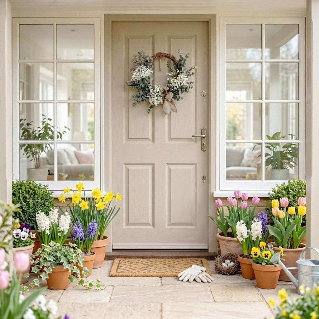 Farmhouse Eucalyptus Wreath with Burlap Bow & White Baby's Breath for Front Door Porch Wall Living Room & Bedroom Decor