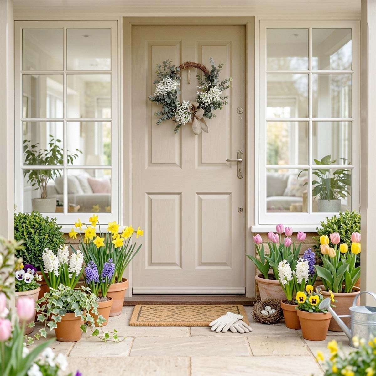 Farmhouse Eucalyptus Wreath with Burlap Bow & White Baby's Breath for Front Door Porch Wall Living Room & Bedroom Decor