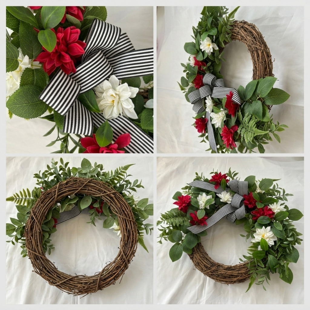Artificial Spring Wreath for Front Door, Faux Red White Floral Grapevine Wreath with Eucalyptus Greenery Bow, Farmhouse Outdoor Porch Fence Wall Decor
