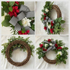 Artificial Spring Wreath for Front Door, Faux Red White Floral Grapevine Wreath with Eucalyptus Greenery Bow, Farmhouse Outdoor Porch Fence Wall Decor