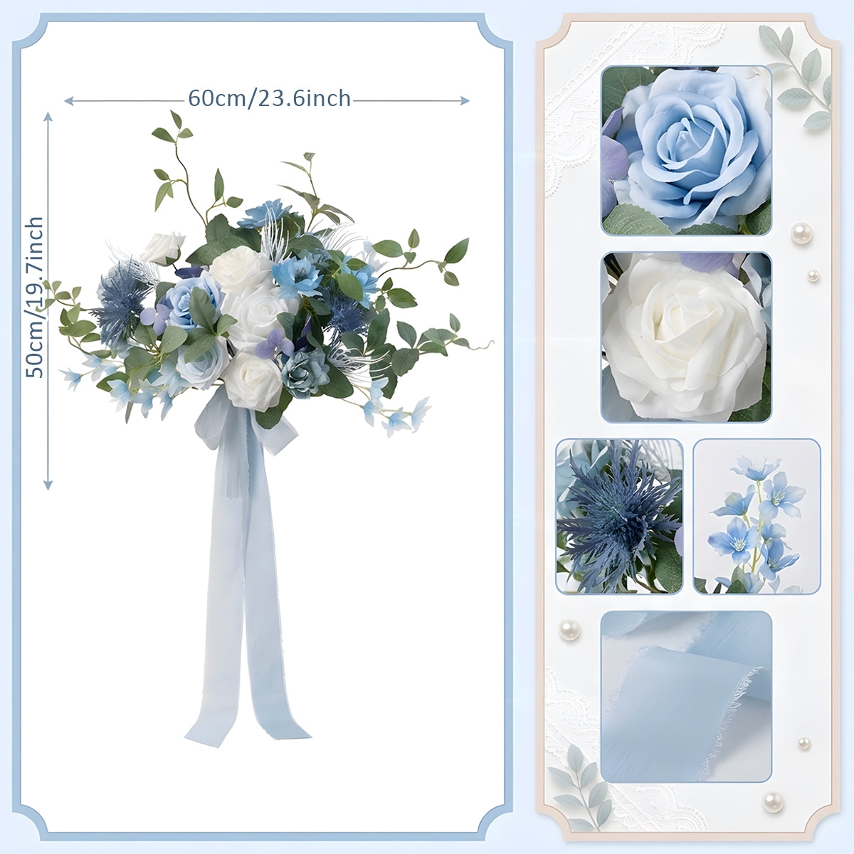 Dusty Blue Bridal Bouquet | Blue White Artificial Wedding Flowers Bride Bridesmaid