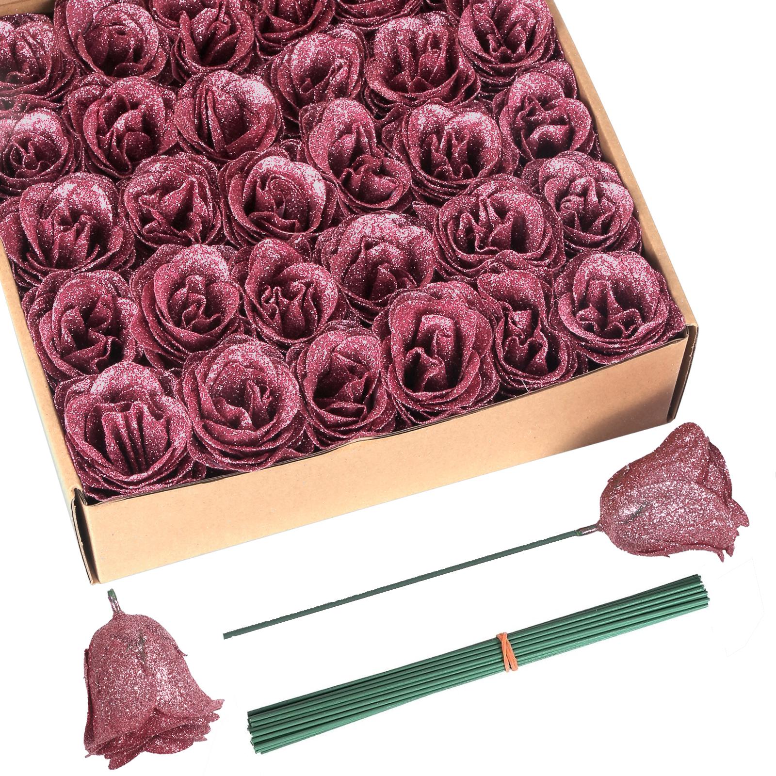 Dusty pink glitter roses bouquet 30pcs with stems for wedding party home decor