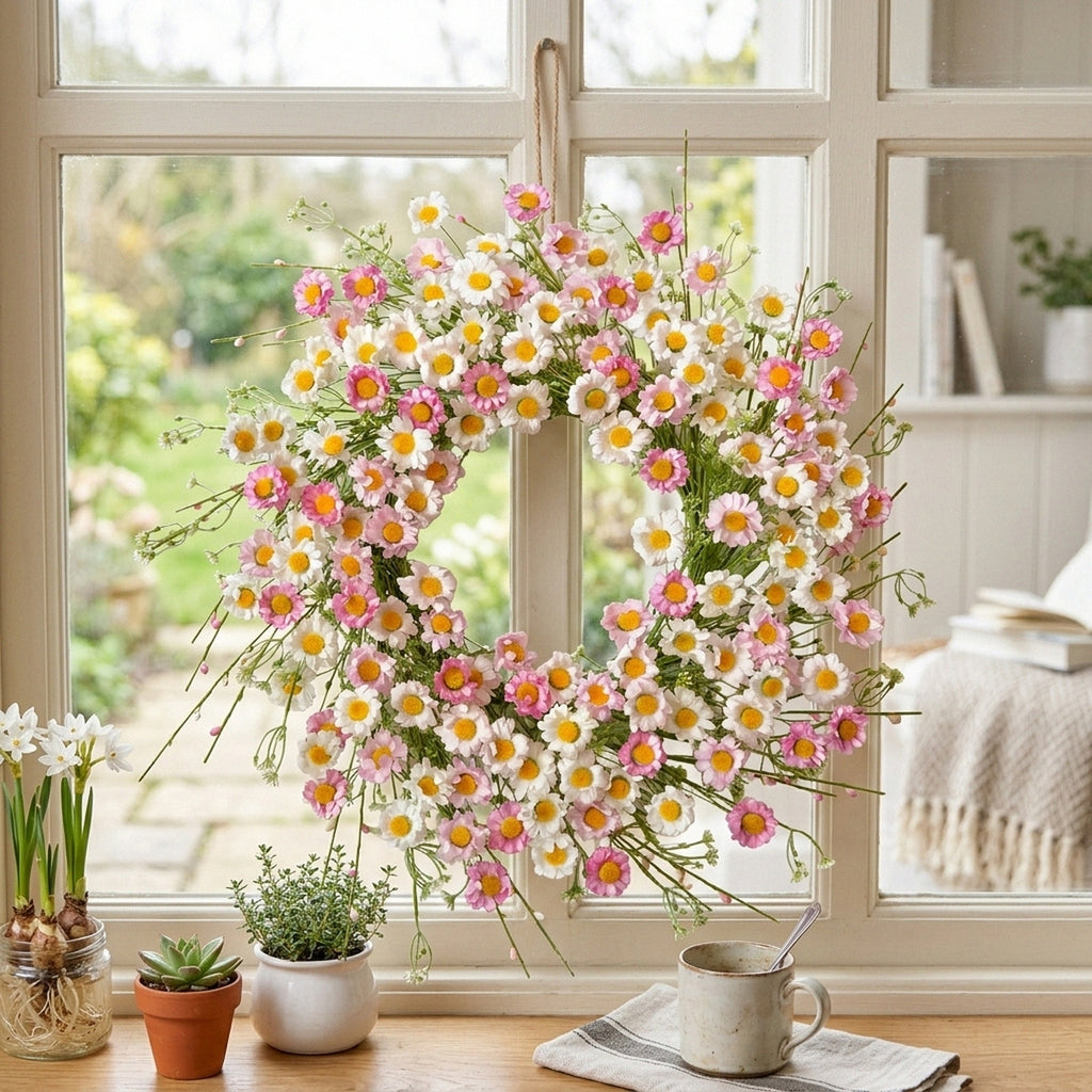 Artificial Daisy Wreath Spring Summer Floral Wreath with Pink and White Flowers for Front Door Wall Home Garden Porch Decoration