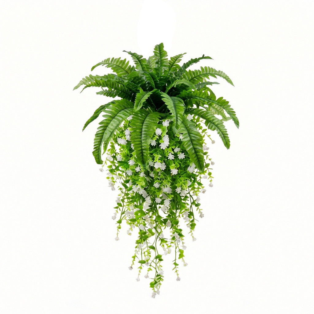 Artificial hanging fern plant with white flower vine fake Boston fern for home garden patio porch wall basket and ceiling decor