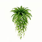 Artificial hanging fern plant with white flower vine fake Boston fern for home garden patio porch wall basket and ceiling decor